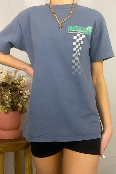 Blue Vintage tee shirt with race flag on it and Rolex at Daytona 24 Size small with greyish undertones